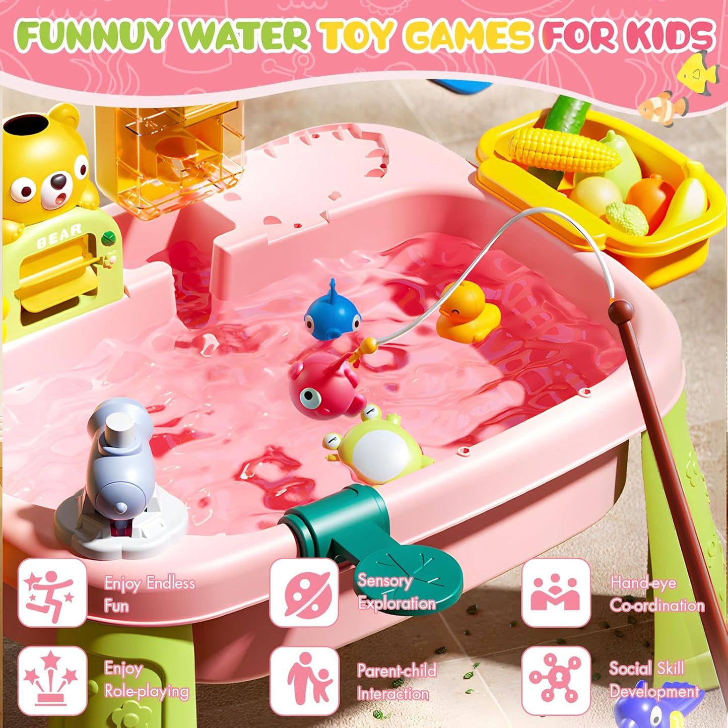 2026 Upgraded Pink Stand Water Table for Toddlers 1-3 - Outdoor Toys for Kids Ages 3-8 with Pump, Summer Outside Sensory Activity Pool Toys, Kitchen Play Sink Toy with Running Water, Fishing Toy