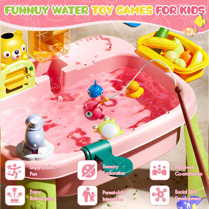 2026 Upgraded Pink Stand Water Table for Toddlers 1-3 - Outdoor Toys for Kids Ages 3-8 with Pump, Summer Outside Sensory Activity Pool Toys, Kitchen Play Sink Toy with Running Water, Fishing Toy