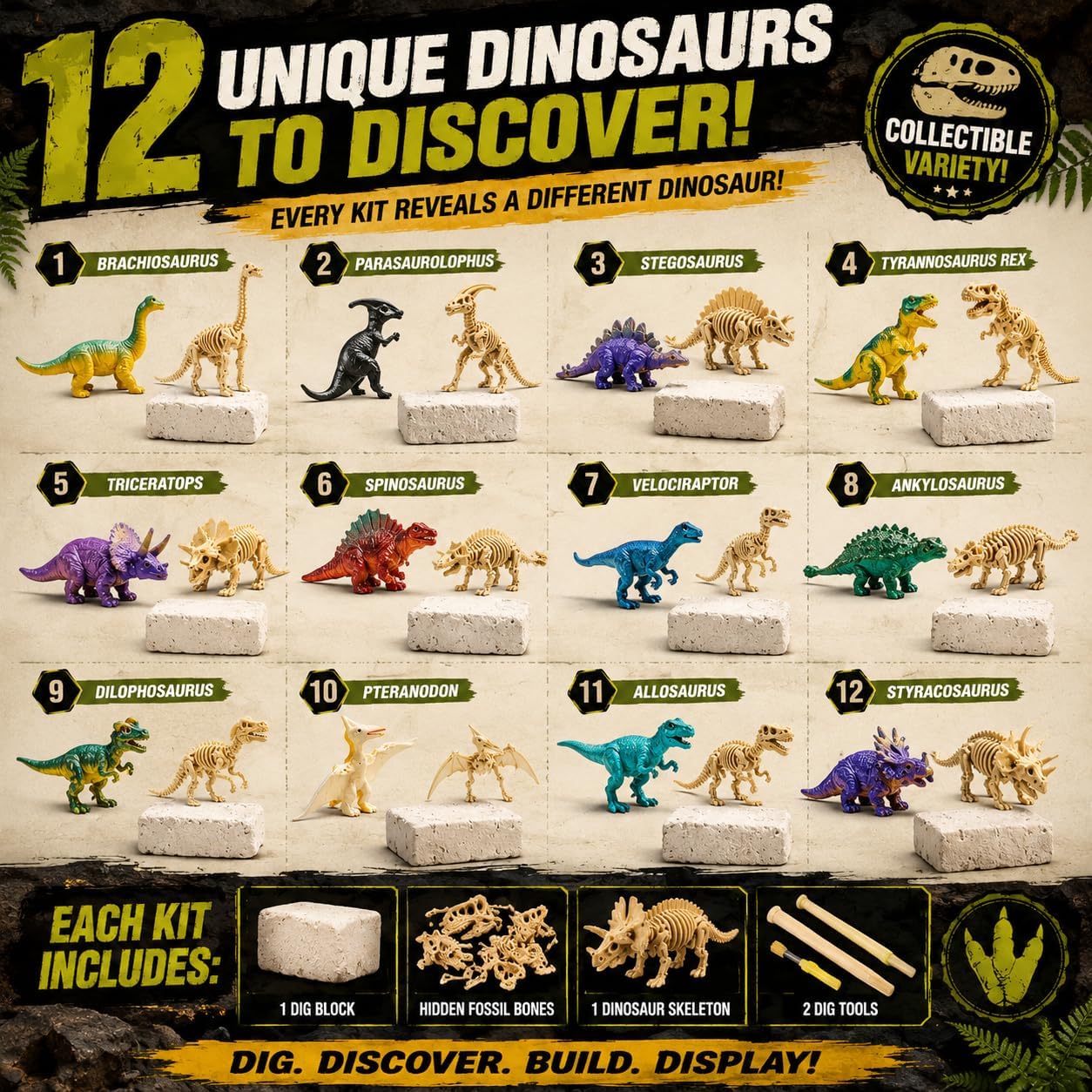 12 Pack Dinosaur Excavation Dig Kit for Kids, Dino Fossil Dig Kits with 3D Skeleton Toys, Bulk STEM Science Paleontology Archaeology Educational Toys, Birthday Party Favors for Boys Girls