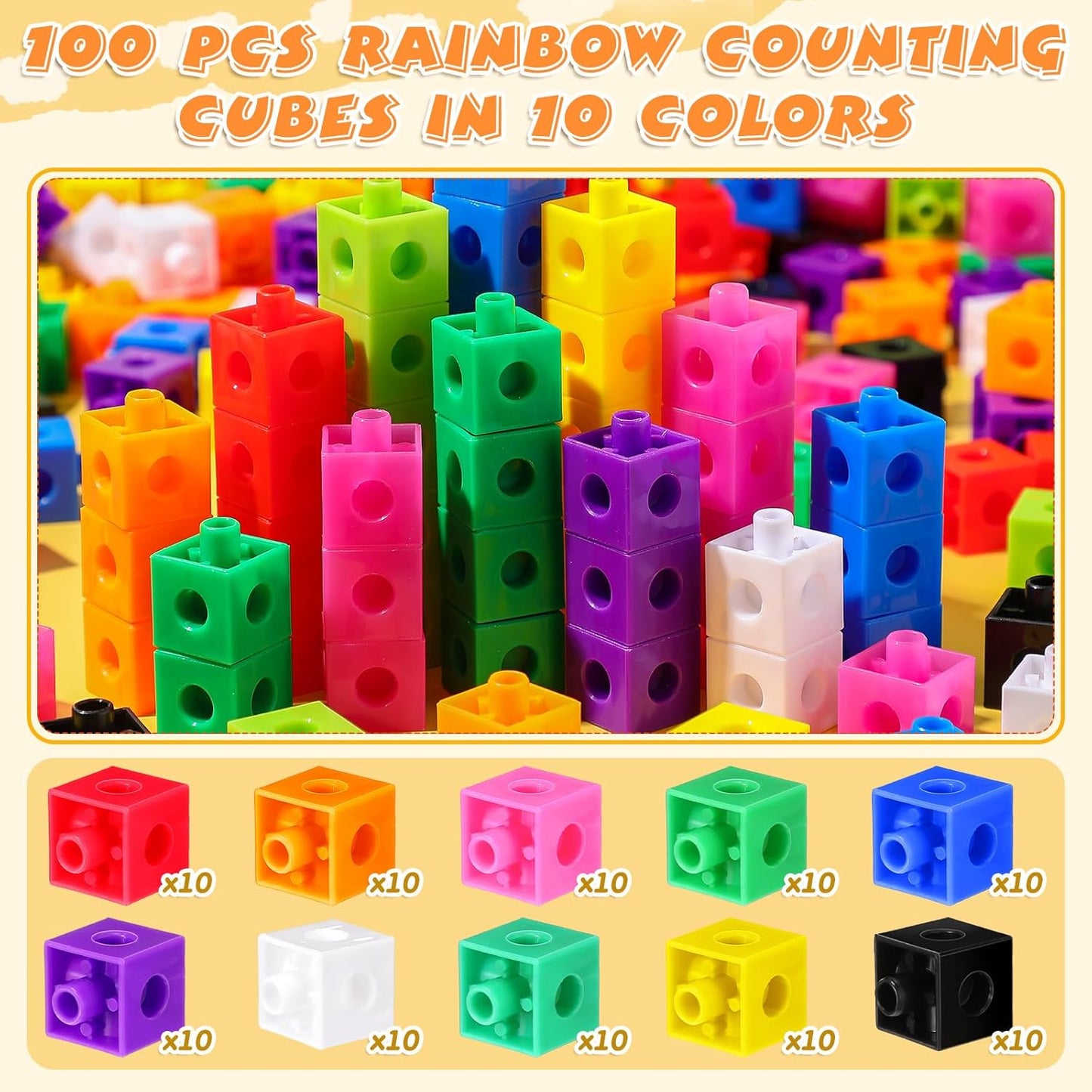 Jenaai 100 Pcs Linking Cubes Plastic Math Cubes Manipulative Counting Blocks STEM Snap Blocks Connecting and Counting for Early Math and Construction, Homeschool Preschool Supplies(Stylish)