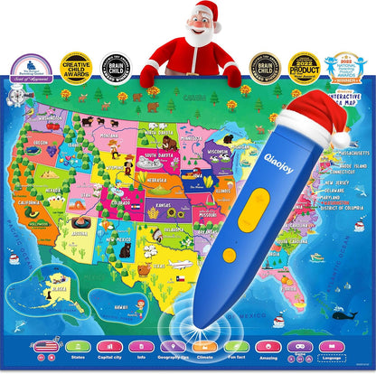 Qiaojoy Bilingual Interactive World Map for Kids Learning and Educational Toys, Talking Electronic Kids World Map i-Poster Geography Games Ages 3 to 12 Years Old, Custom Talking Birthday Gifts Card