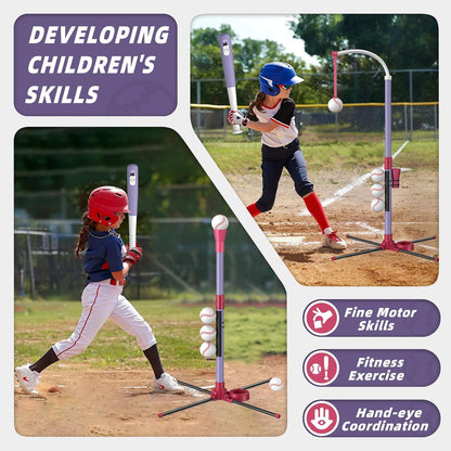 Wee Wonders 4 in 1 T-Ball Sets for Kids 3-5 with Toss and Catch Ball, Toddler Baseball with Auto Pitching Machine/6 Balls, Outdoor Sport Toys Gifts for Boys Girls