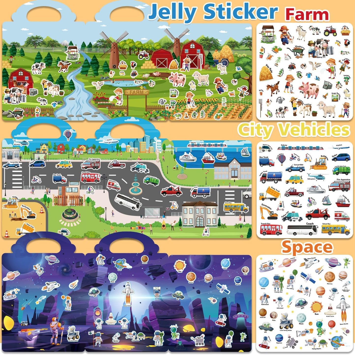 6 Sets Reusable Sticker Book for Toddlers 3-6, Jelly Sticker Books for Toddler, Travel Sticker Activity Toys for Kids 3 4 5 6 Years Old Girls & Boys