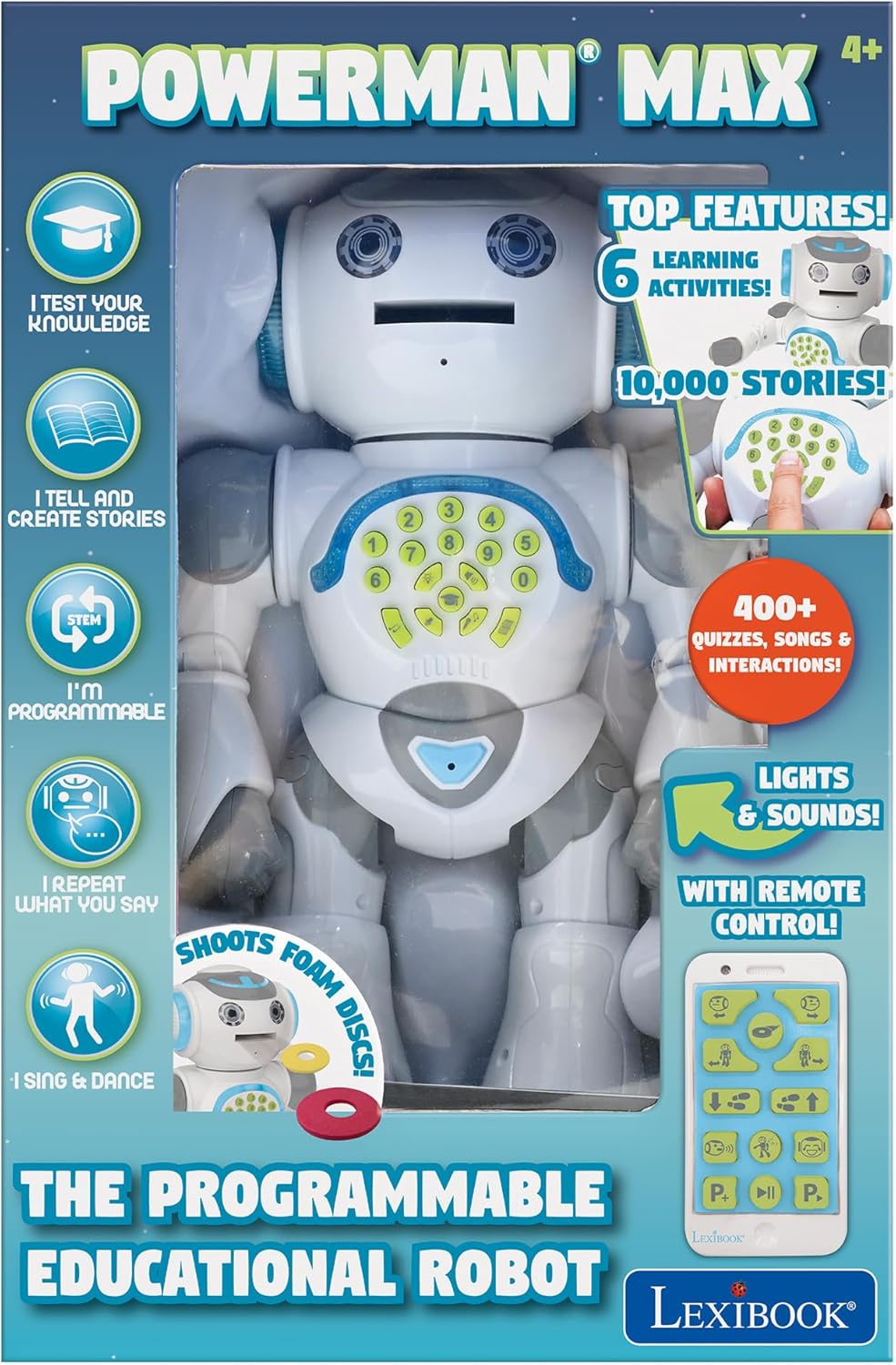 LEXiBOOK Powerman Max - Remote Control Walking Talking Toy Robot STEM Programmable Dances Sings Telling 10,000 Stories 300+ Learning Quiz Shooting Discs and Voice Repeat for Kids 4+ - ROB80EN, White