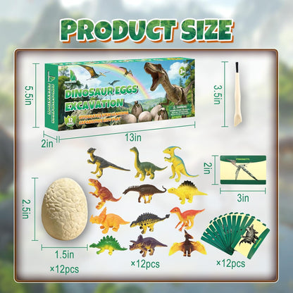 Easter Dino Eggs Dig Kit - 12 Colorful Dinosaur Easter Eggs with Dinosaur Figures, 12 Dig Tools for Easter Egg Hunt, Easter Basket Stuffers & Easter Toys and Games (Colorful)