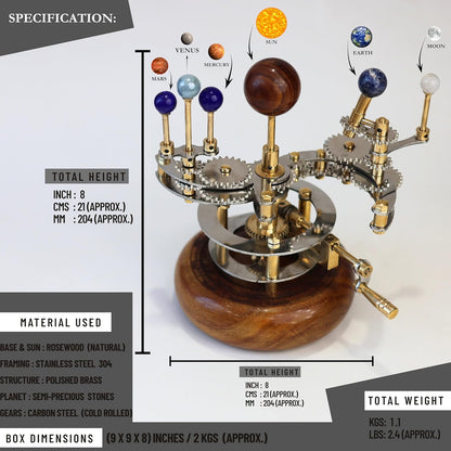 Solar System Model | Educational & Decorative Astronomy Orrery | Premium Brass Mechanical Planetarium (8" Earth & Moon)
