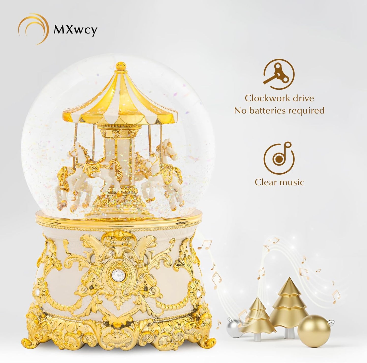 Carousel Music Box Gold & Ivory Christmas Snow Globes, 8.3" Rotate Carousel Snow Globe for Kids & Adults, Classic Wind up Musical Snow Globe Birthday Gifts for Women Girls, Carousel Horse Home Decor