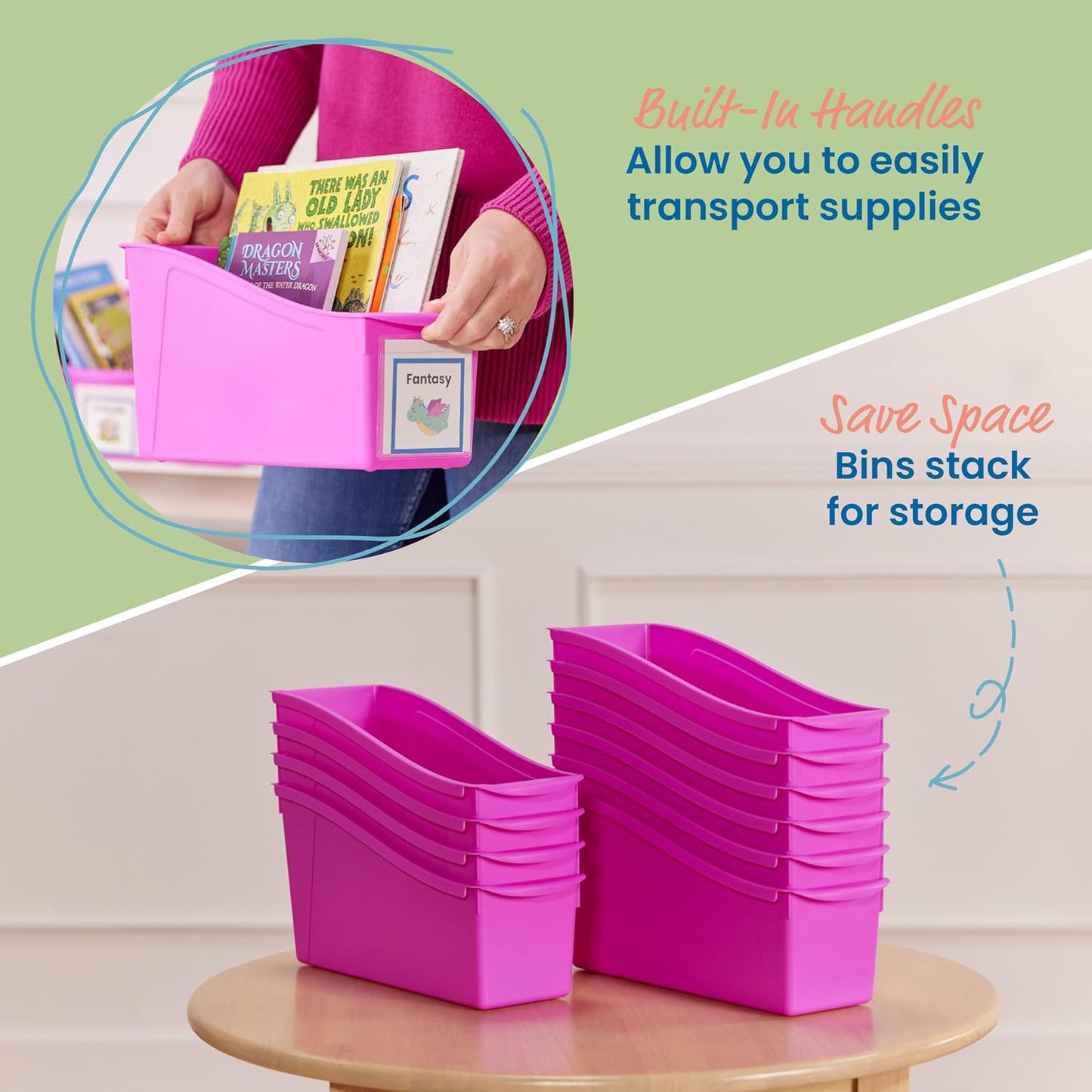 ECR4Kids Linking Plastic Storage Book Bin, Multipurpose Organization, Neon Purple, 10-Piece