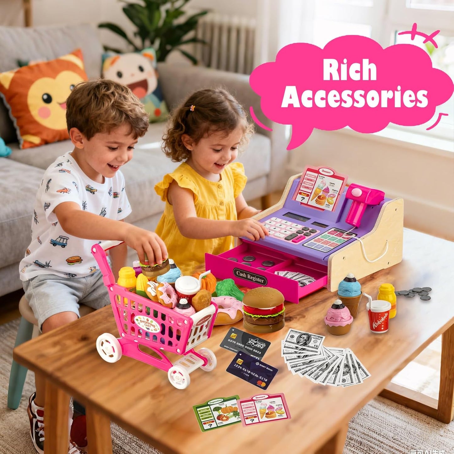 Wooden Cash Register for Kids with Shopping Cart Rechargeable Kid Cash Register with Scanner Gift for Kid Age 3 4 5 6 7 8 9 Year Old Pretend Play for Toddlers Toys for 3-12 Year Old Kids