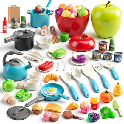 130Pcs Kitchen Playset, Toddler Pretend Cooking Play Pots, Pans, Utensils Cookware, Daily Food Fruit Veges, Shopping Storage Basket, Dessert, Prop Money, Learning Gift for Child (Pink)