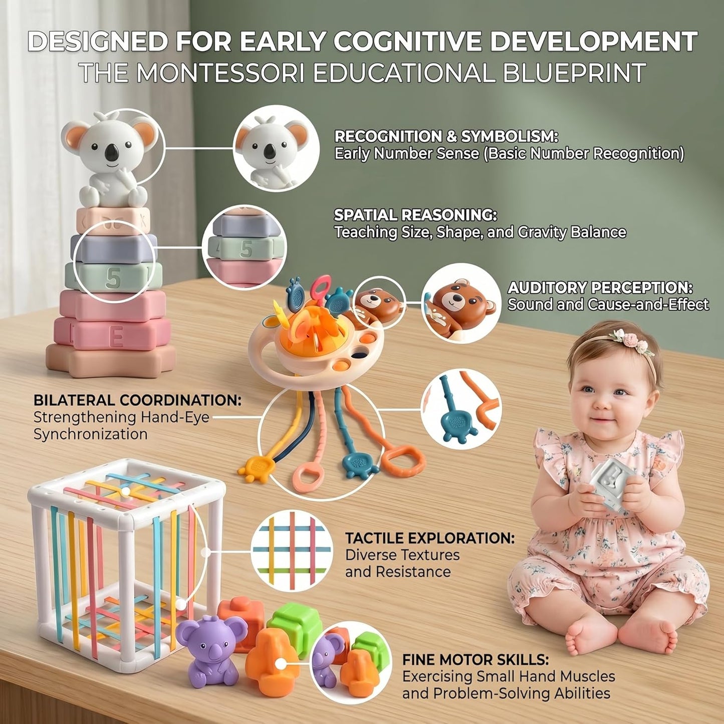 Montessori Sensory Activity Toy for Babies 6-18Months - Silicone Pull String Activity & Fine Motor Skill Development Toy - Travel-Friendly Stroller & High Chair Toys for Infants, Easy-Clean Design