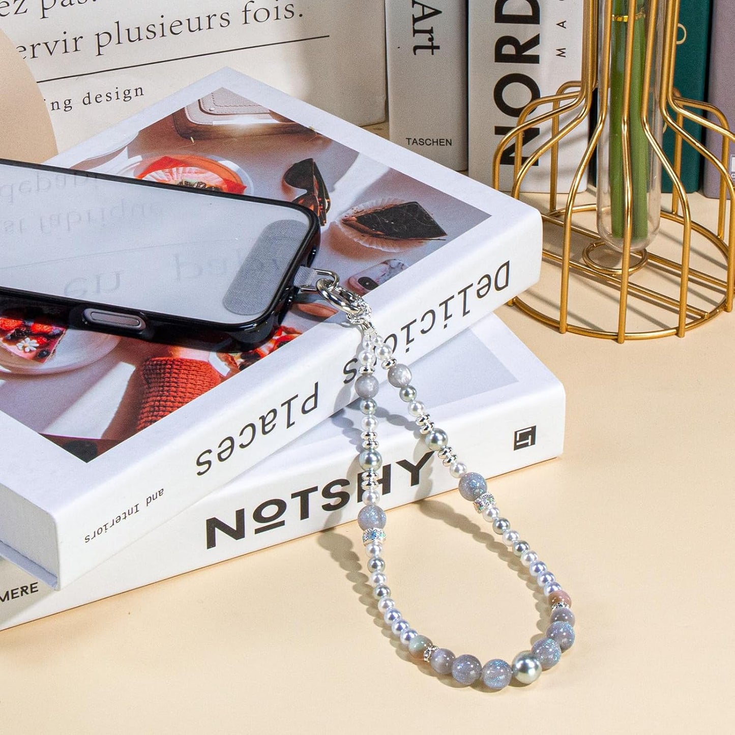 pcgaga Pearl Beaded Phone Charm, Phone Wrist Strap, Handmade Bracelet Straps, Anti-Lost Lanyard Wrist Chain for Airpods Women Girls Gift, Keychain etc (Gray Iceland)