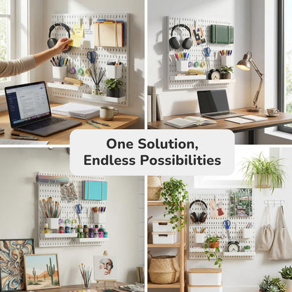 Keepo Peg Board Wall Organizer – Plastic Pegboard Panels, Modular Peg Board Storage System for Home Office, Craft Room, Gaming Setup (White, 33″×22″)