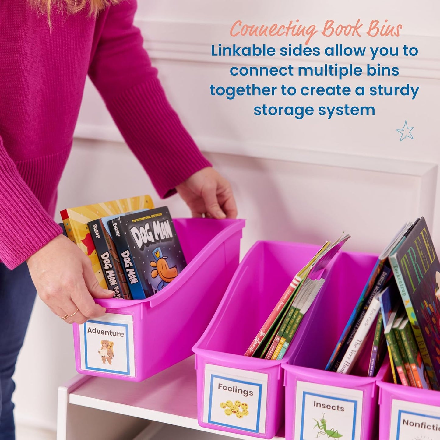 ECR4Kids Linking Plastic Storage Book Bin, Multipurpose Organization, Neon Purple, 10-Piece