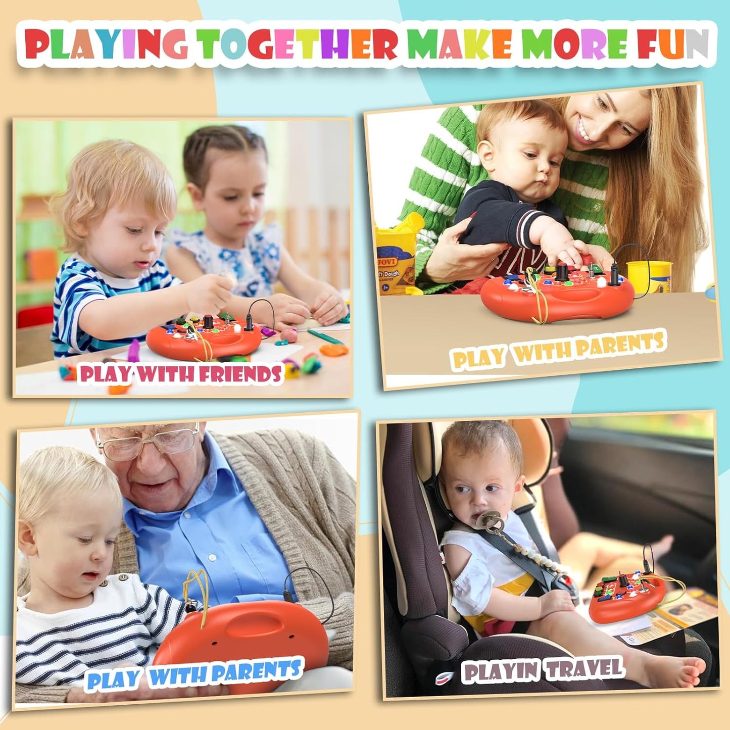 Montessori Busy Board with LED Light for Toddlers 2-4 Year Old, Sensory Toys with Sounds & Switches, Car Driving Travel Toys for Kids, Preschool Busy Book Boy and Girls Birthday Gifts (Pink)