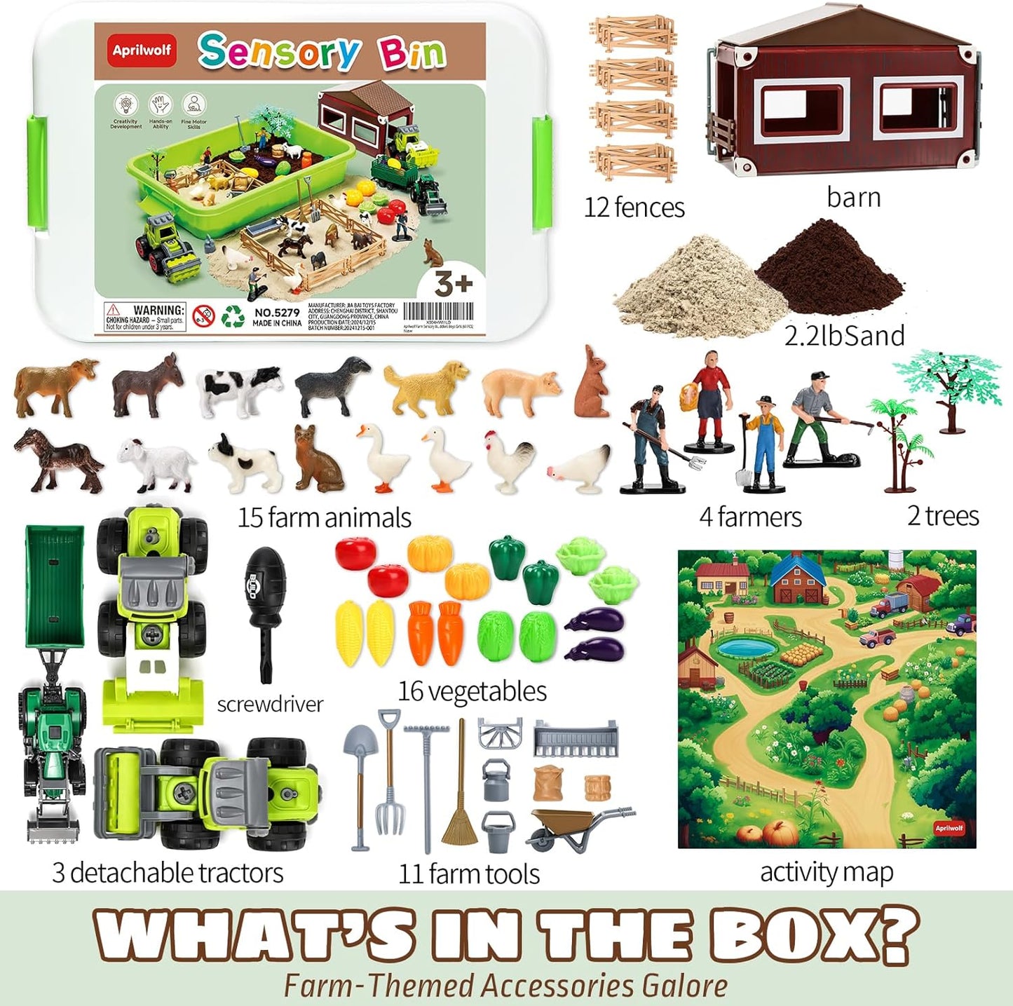 Aprilwolf 69 PCS Farm Sensory Bin Toys Playset, Sandboxes with Sand, Farmer Tractor & Farm Animals Figures Toys for Kids 3 4 5, Gifts for 6 7 Years Old Boys Girls Toddlers