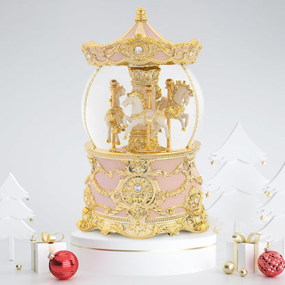 Carousel Music Box Gold & Ivory Christmas Snow Globes, 8.3" Rotate Carousel Snow Globe for Kids & Adults, Classic Wind up Musical Snow Globe Birthday Gifts for Women Girls, Carousel Horse Home Decor