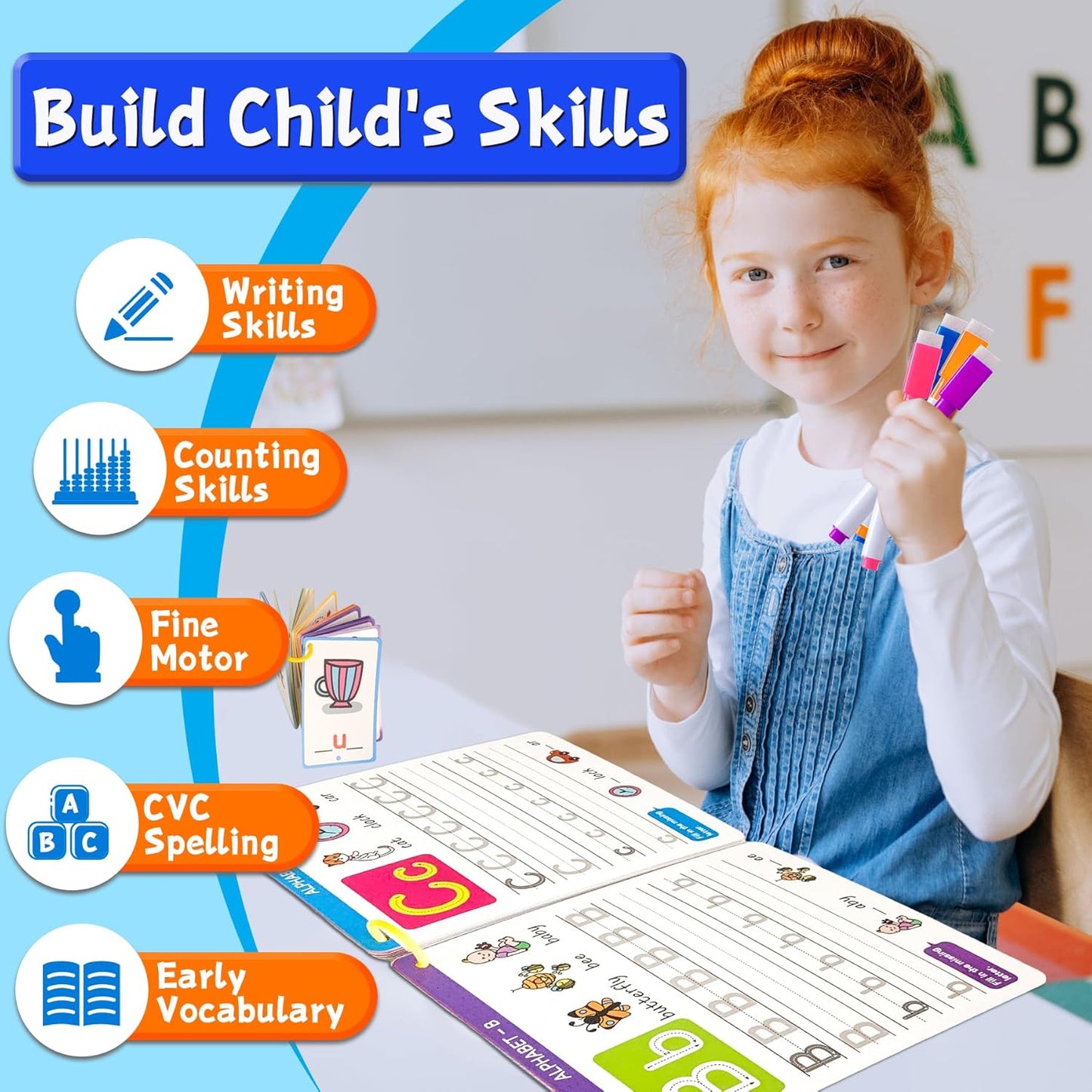 Preschool Learning Activities - Reusable Handwriting Tracing Books for Kids, PreK Kindergarten Workbooks, CVC Word Game, Numbers & Alphabet Educational Learning Toys for 3, 4, 5, 6 Year Old