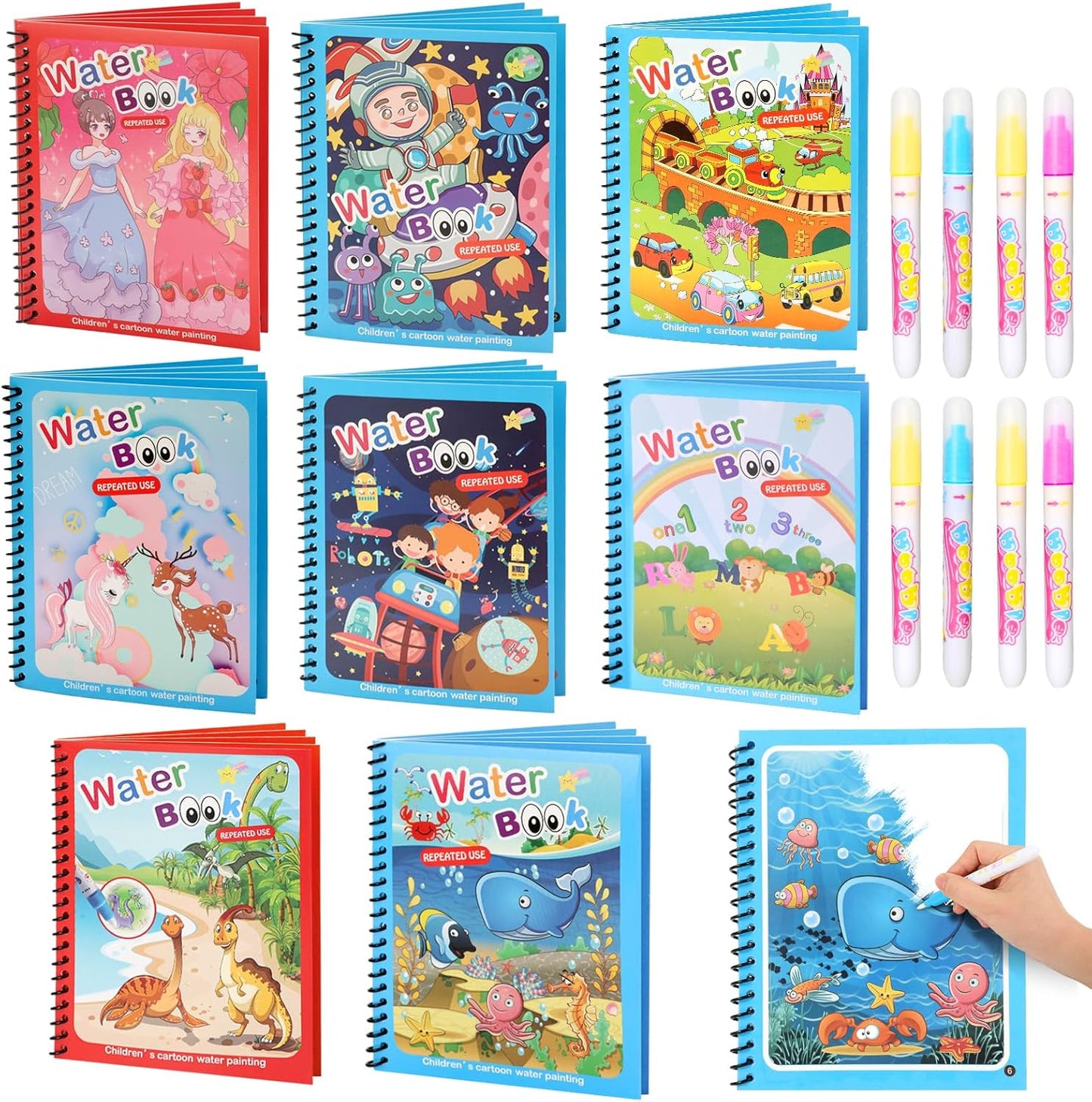 5 Pack Reusable Water Coloring Book for Toddlers, Water Doodle Book Toys, Paint with Water Books,Mess-Free Coloring Book, Portable Educational Doodle Drawing Toy,Educational Learning Kits Gifts