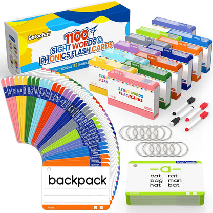 1180 Sight Words Flash Cards Kindergarten Hooked on Phonics Dolch & Fry High Frequency Site, Learn to Read CVC Blends, Short/Long Vowel Sounds, Games for 1 2 3 4 5 6 Grade, Kids 4-13 Years