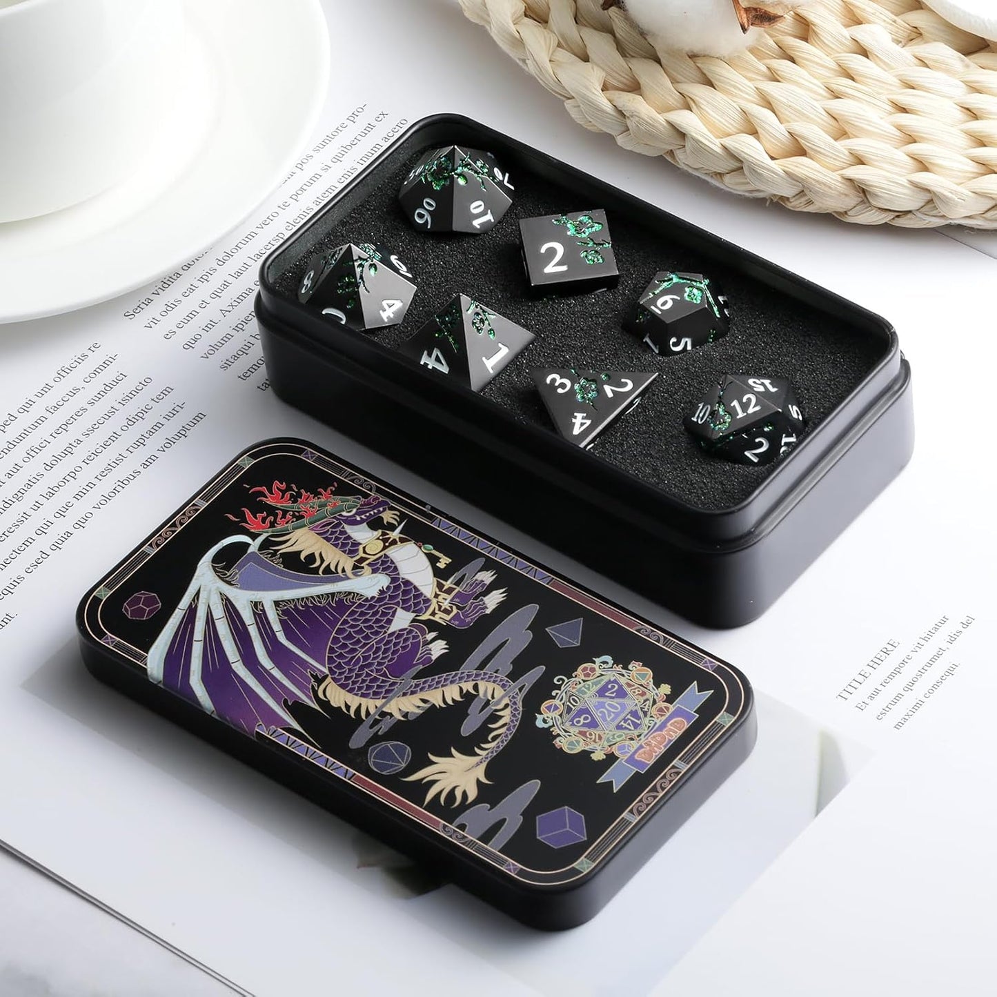 DnDnD Heavy Polyhedral Metal Dice Set with Metal Box, 7-die Shiny Blue Surface with Golden Number for RPG,Dungeons and Dragons,Pathfinder,Shadowrun,D&D,Role Palying Game and Math Teaching - Colors B