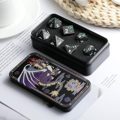 DnDnD Heavy Polyhedral Metal Dice Set with Metal Box, 7-die Shiny Blue Surface with Golden Number for RPG,Dungeons and Dragons,Pathfinder,Shadowrun,D&D,Role Palying Game and Math Teaching - Colors B