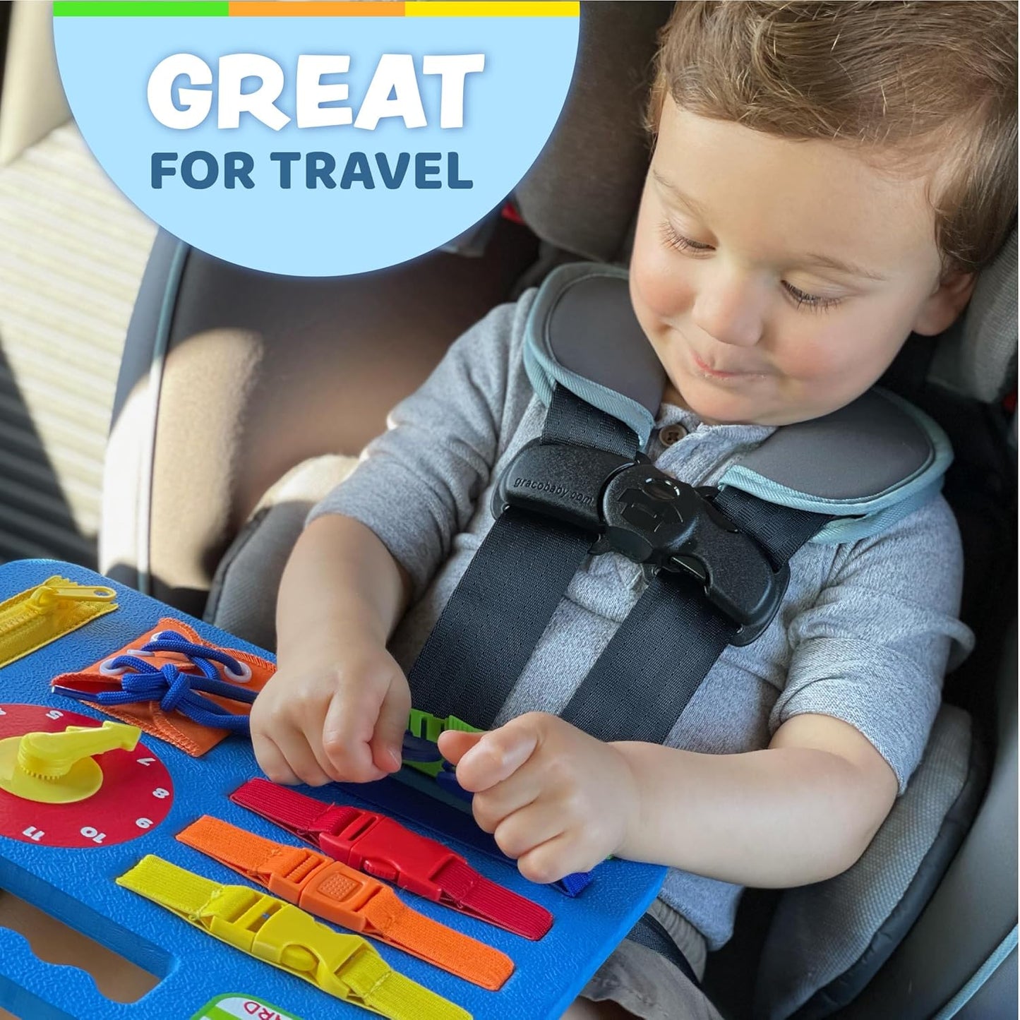 Buckle Toys Busy Board - Montessori Learning Toy for Toddlers Great Kids Road Trip Essentials - Foam Sensory Board - Develop Fine Motor Skills - Pink