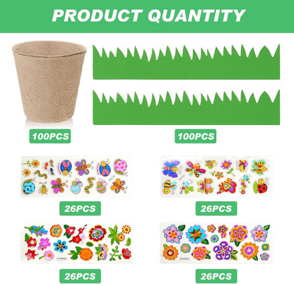 Gueevin 50 Pack Garden Paper Pot Craft Kit Flower Plant Spring Craft Including Peat Plant Pots Adhesive Foam Stickers Pot Stickers EVA Grass for DIY Flower Planting Growing