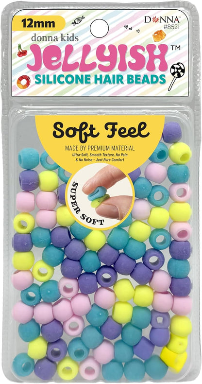 Donna Kids Jellyish Silicone Hair Beads – 12mm Super Soft Noiseless Beads for Braids, Ponytails & Kids Hairstyles – with Threading Tool Pain-Free, Flexible & Tangle (Clear Mix)