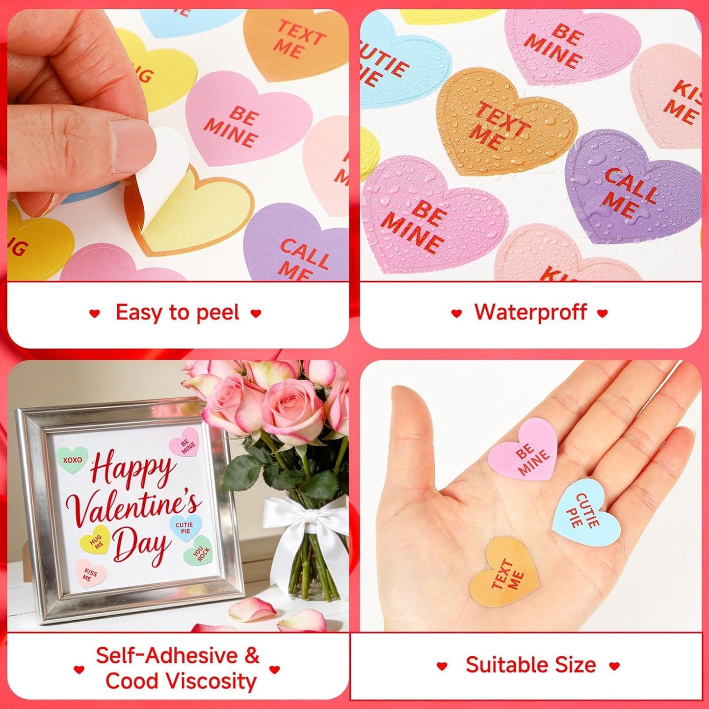 JULMELON 672 PCS Valentines Day Heart Stickers for Kids Conversation Heart Stickers Removable Labels Cards for Candy Envelopes Gifts Classroom Valentine’s Day Party Decorations