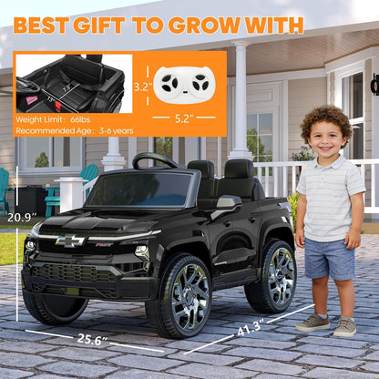 24V Licensed Chevrolet Silverado Electric Car for Kids, Ride on Toys for Toddlers with Remote Control, Soft Start, LED Lights, Music Player, Seat Belts, Easy to Assemble, Black