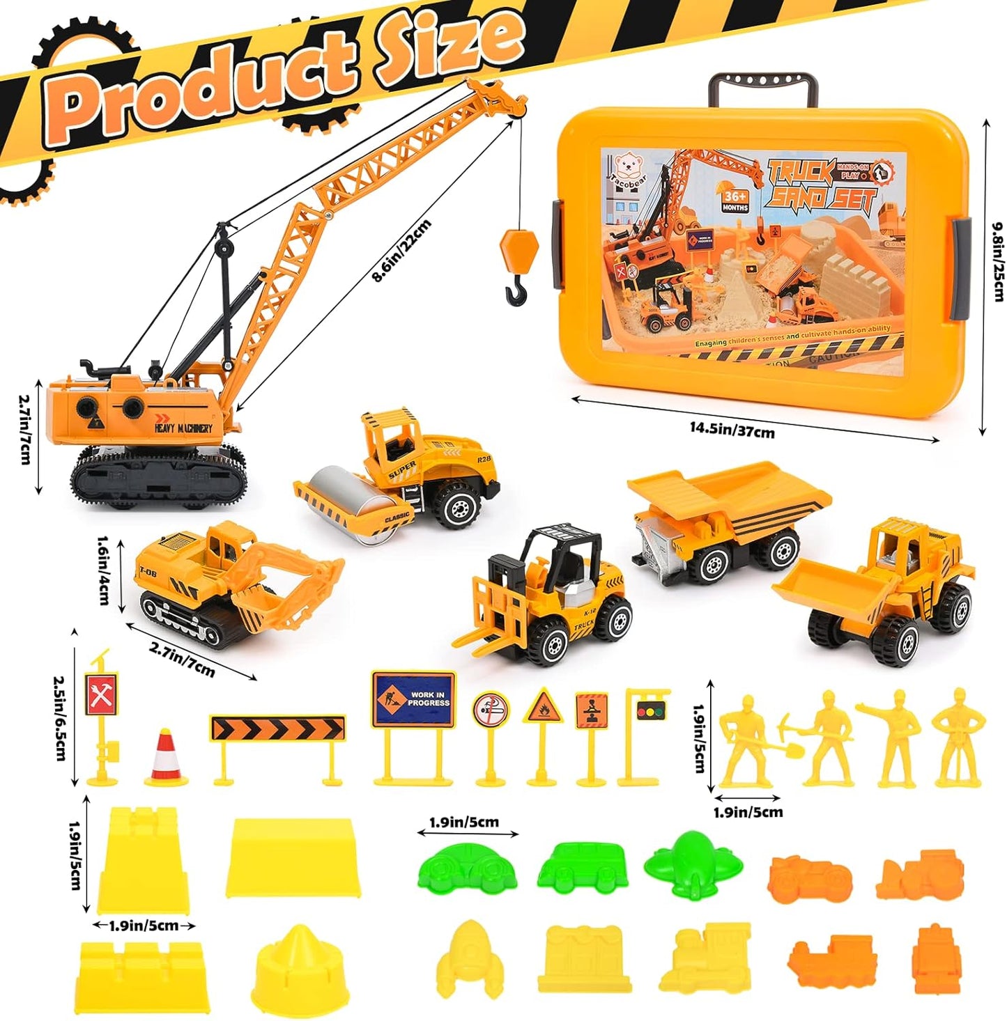 TUZT Kids Construction Sensory Bin Play Sand Kit Toys for Toddlers, Sandbox with 3.1lbs Sand & Large Tower Crane & 5 Trucks & 13 Signs & 14 Molds, Birthday for Toddler Boy 3-8 Years Old