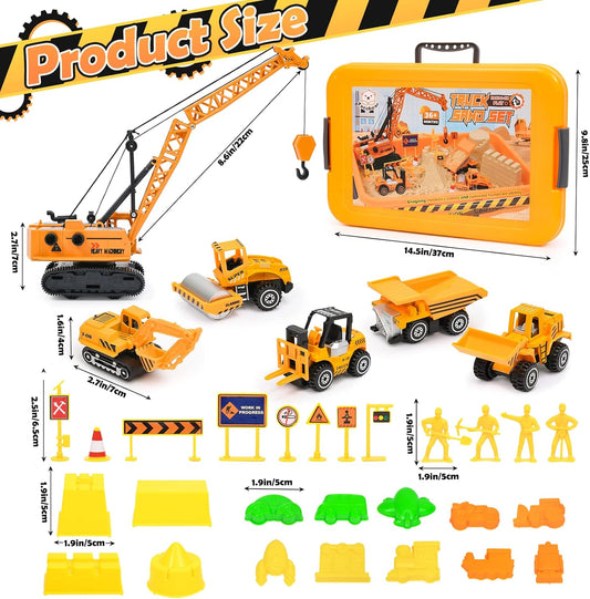 TUZT Kids Construction Sensory Bin Play Sand Kit Toys for Toddlers, Sandbox with 3.1lbs Sand & Large Tower Crane & 5 Trucks & 13 Signs & 14 Molds, Birthday for Toddler Boy 3-8 Years Old