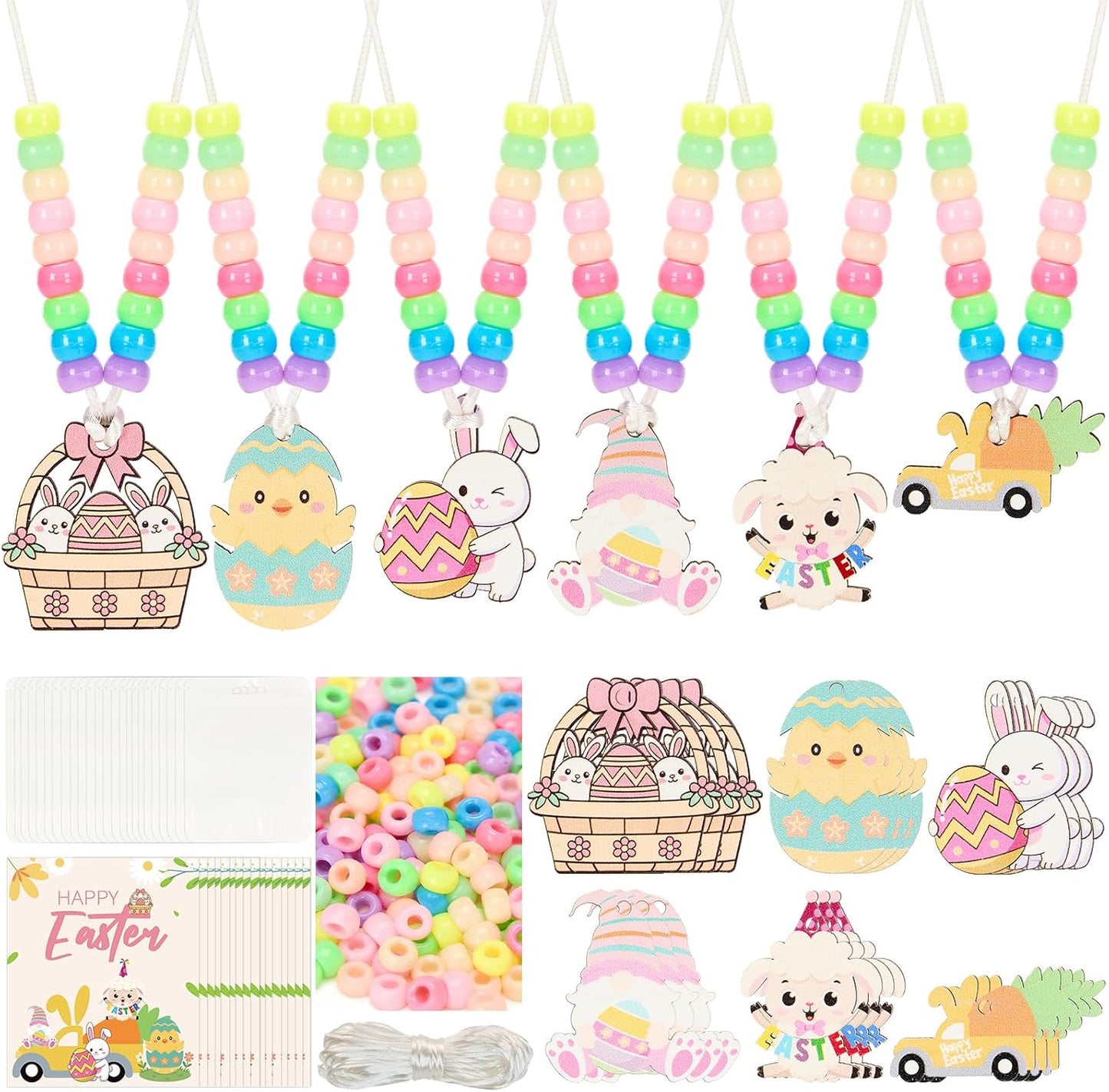 Bafeil 24 Set Easter Crafts Bead Necklace Making Kit for Kids - DIY Make Your Own Bunny Necklace for Arts and Crafts Project, Classroom Activities Gifts, Party Favors & Easter Basket Stuffers