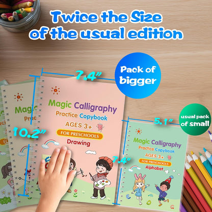 4 Magic Grooved Writing Practice for Kids - English Pre K Tracing Practice Book, Reusable Preschool Handwriting Workbooks Without Tears, 4-Theme Copybooks with Pen Refill for Age 3-10 (English, Small)