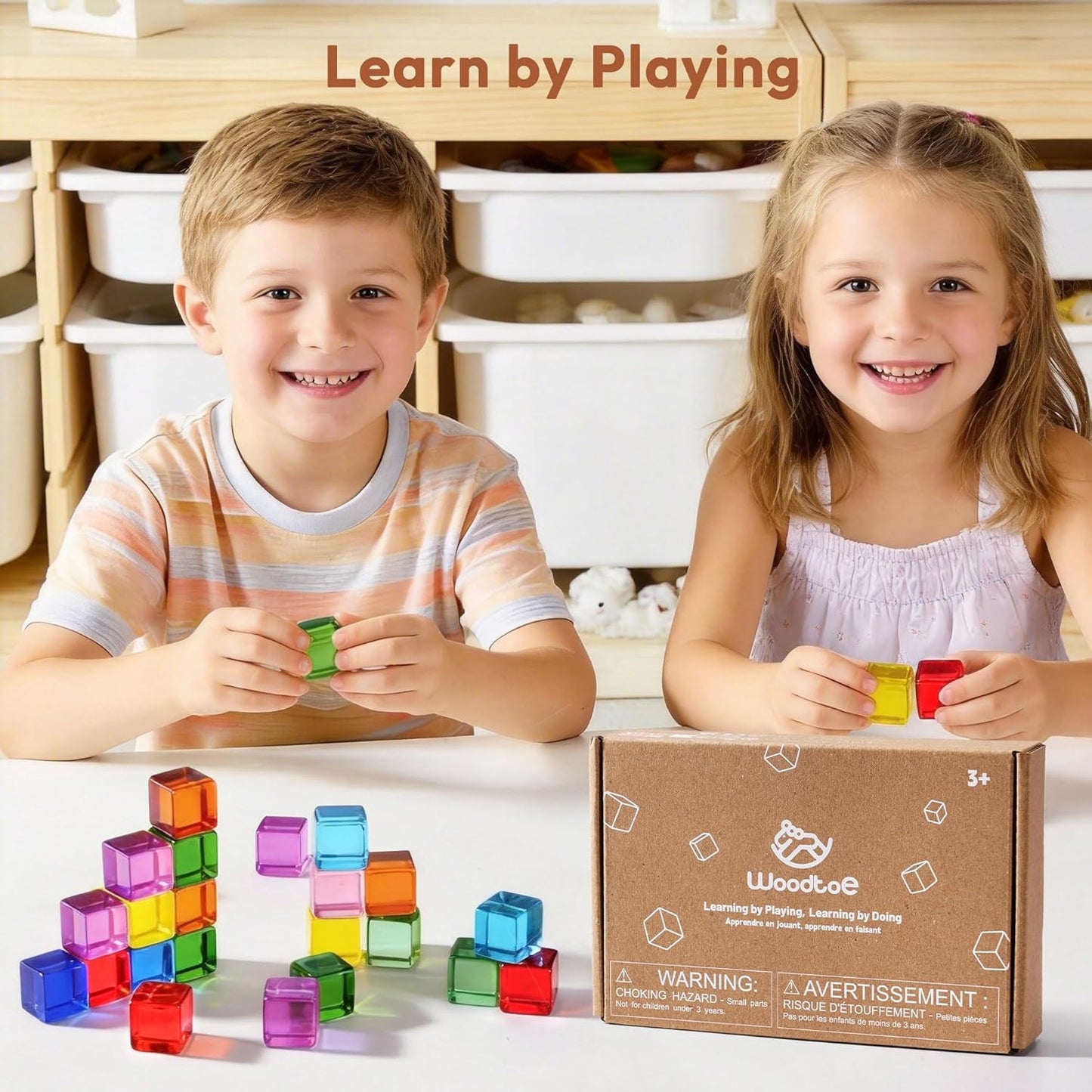 Woodtoe Wooden Building Blocks Set for Kids, 36 PCS Rainbow Acrylic Gem Blocks - 3 Wood House, Montessori Stacking Toy for Toddlers, Educational STEM Birthday Creative Toy Gift for Boys Girls 3-6