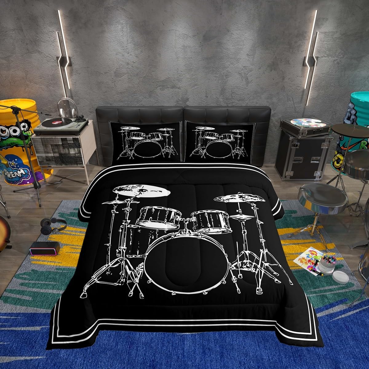 Erosebridal Drum Kit 3D Print Kids Comforter Sets Rock Music Themed Full Bedding Set for Boys Girls Musical Pattern Comforter Set,Colorful Retro Style Quilt Duvet 3 Pcs