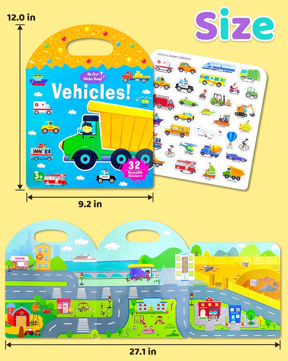 Benresive Reusable Sticker Books for Toddlers, Fun Travel Stickers for Kids, Toddler Sticker Book, Crafts Activities for Toddlers, 3 and Up Birthady Gifts - Vehicle