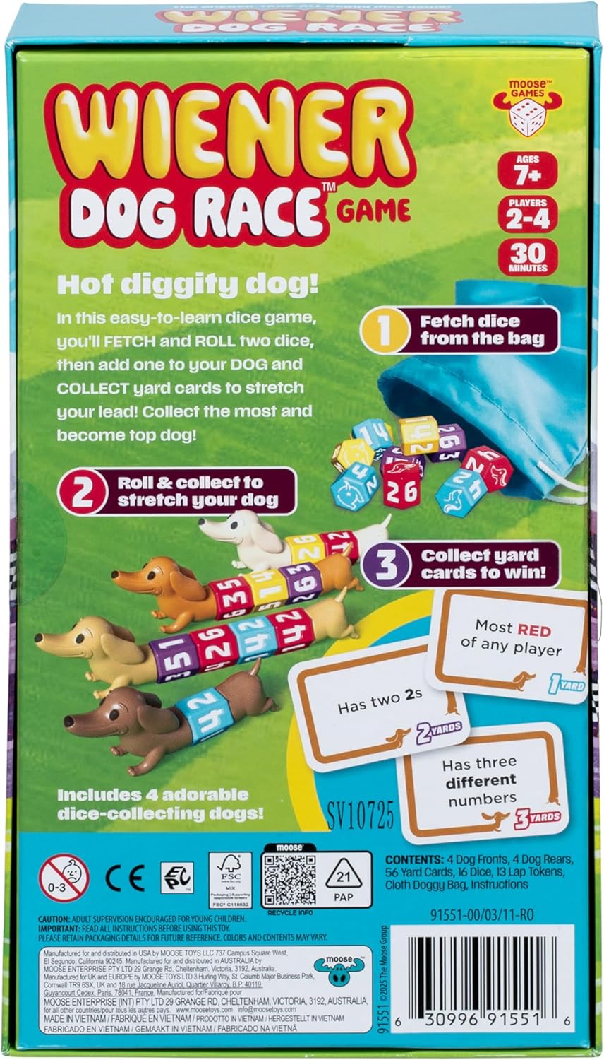The Wiener Dog Race Game, Easy-to-Learn Dice Game. Fetch & ROLL Two Dice, Add The Best One to Your Dog to Stretch Them Out, Collect Yard Cards to Race to The Finish & Win, Ages 7+ for 2-4 Players
