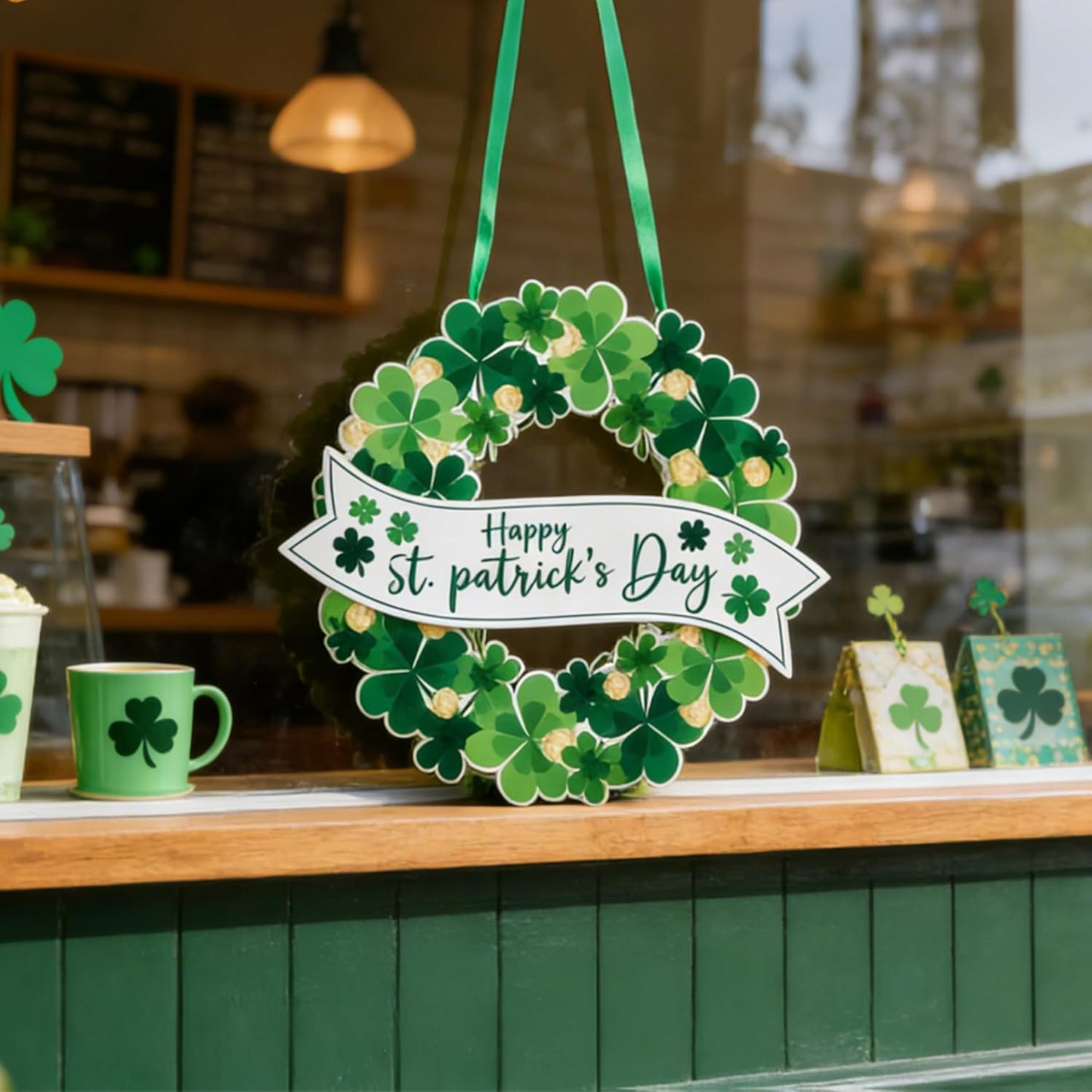 AOMOONOA Lighted St. Patrick’s Day Wreath for Front Door, Battery Operated Shamrock Wreaths with Timer, Wooden Foldable Wreath with Magnetic Word Signs for Irish Holiday Outdoor, Wall Decor