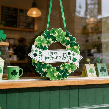 AOMOONOA Lighted St. Patrick’s Day Wreath for Front Door, Battery Operated Shamrock Wreaths with Timer, Wooden Foldable Wreath with Magnetic Word Signs for Irish Holiday Outdoor, Wall Decor