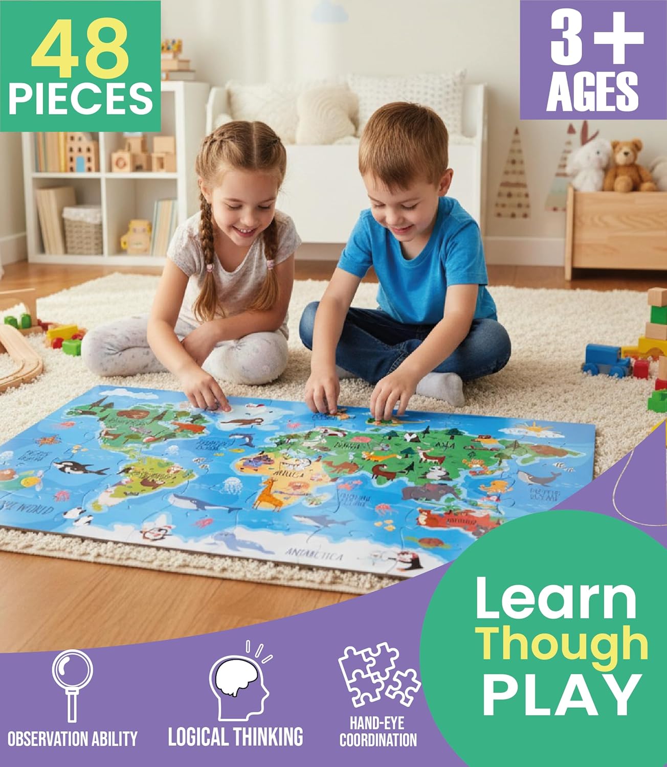Floor Puzzles for Kids Ages 3-5 4-6 Educational 48 Piece Farm Animals with 2 Giant Coloring Posters Preschool Learning Toy Tractors Tools Barnyard Animals Screen Free Family Playtime