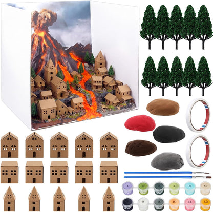 ReliThick 30 Pcs Volcano Diorama Kit Volcano Science Kit Diorama Science Project Model Miniature Village Model Trees Clay Acrylic Paints Display Box and Accessories DIY