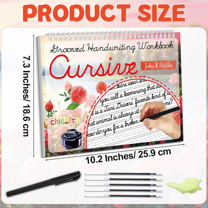 chiazllta Grooved Cursive Handwriting Workbook with Disappearing Ink Pens Magic Reusable Grooved Cursive Writing Practice for Beginners Kids Kickoff Student Workbook Homeschooling Supplies (Letters)