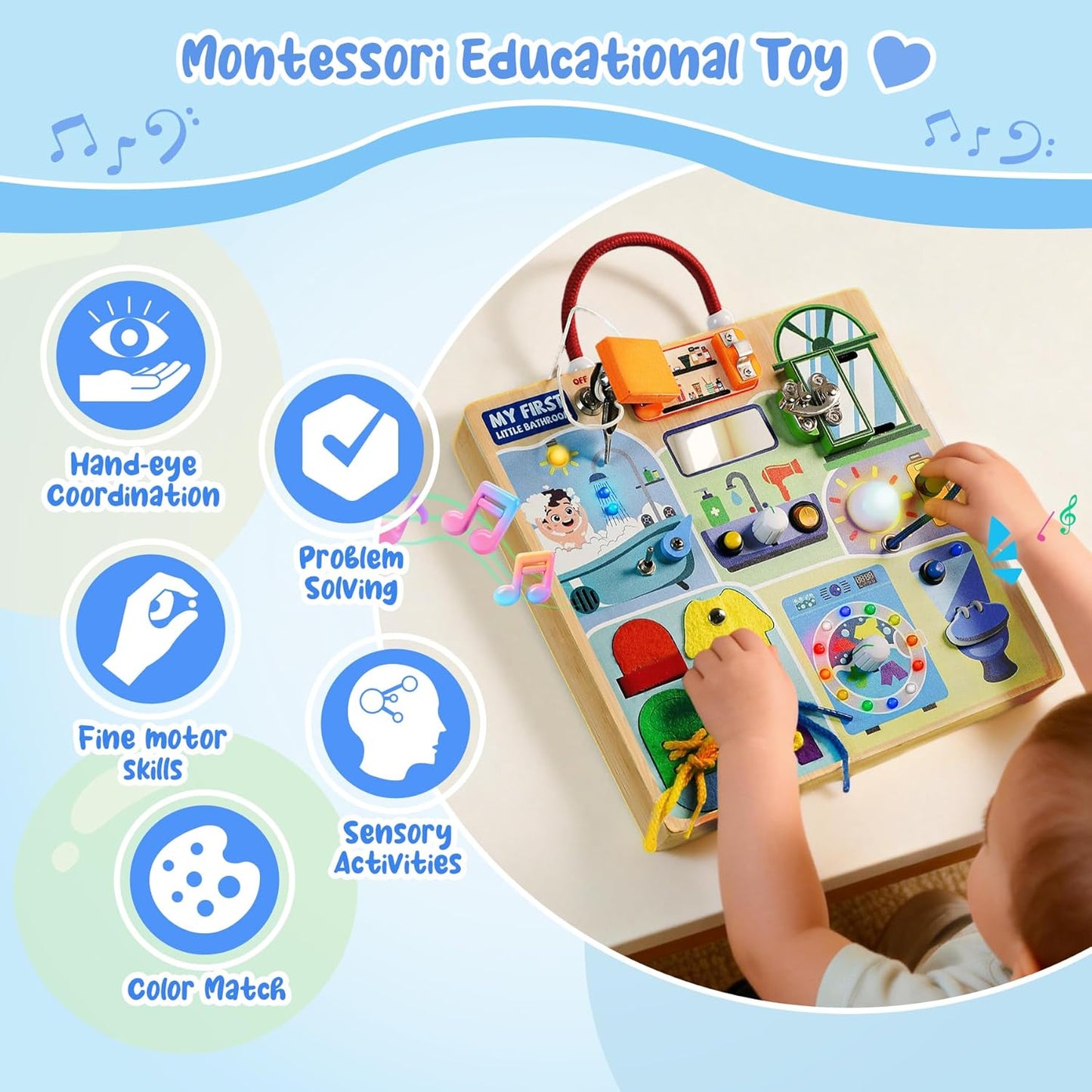 Busy Board Montessori Toys for Toddler 1-3 Year Old, Wooden Sensory Board with LED Light Switches,Bathroom Theme Travel Toys for 1+ Year Old Boy & Girl Birthday Gift