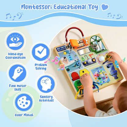 Busy Board Montessori Toys for Toddler 1-3 Year Old, Wooden Sensory Board with LED Light Switches,Bathroom Theme Travel Toys for 1+ Year Old Boy & Girl Birthday Gift