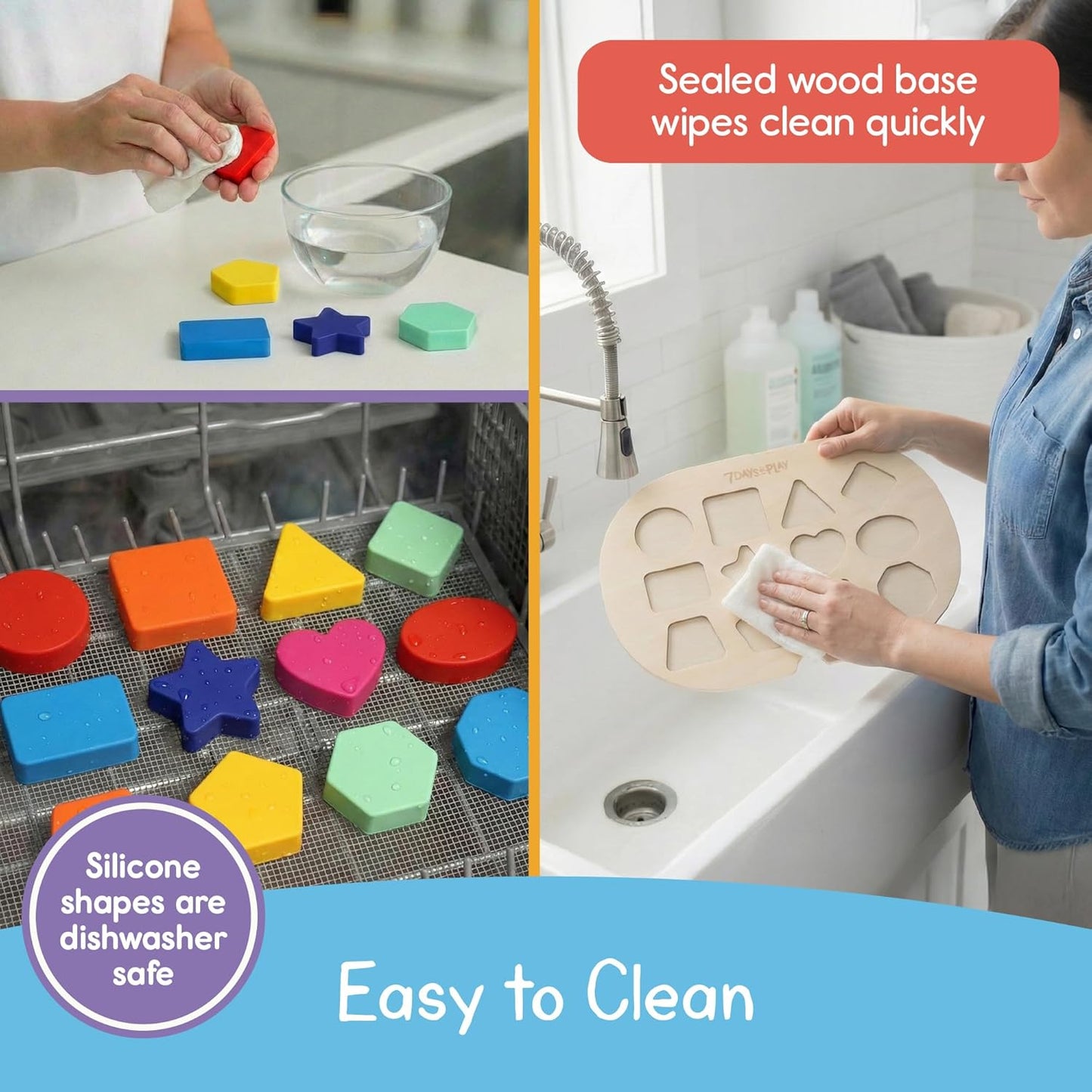 Shape Puzzle for Kids, Sensory Bin Insert for Sensory Tables, Silicone Geometric Shapes, Wooden Fine Motor Learning Toy by 7 Days of Play