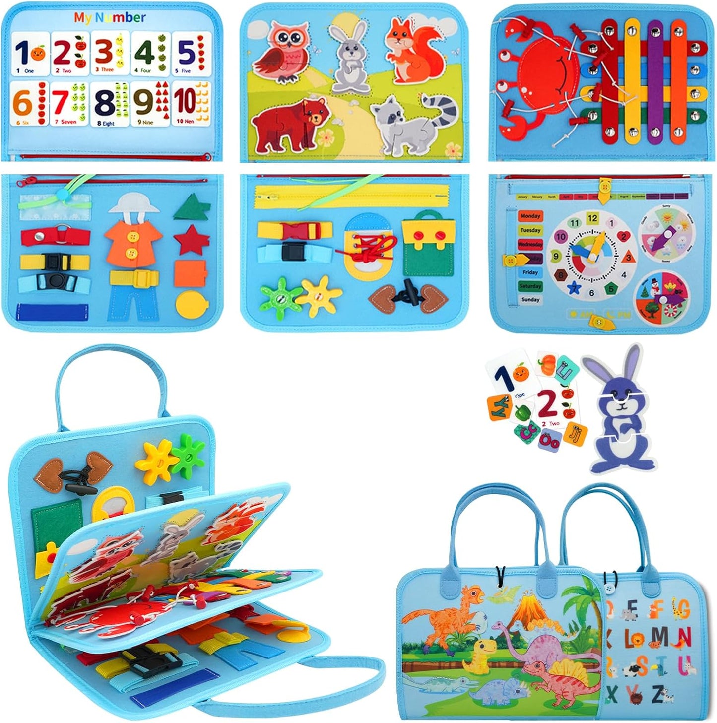 MEGRANATE Montessori Busy Board, Baby Busy Book Educational Learning Toys for Toddlers Quiet Book Activity Books Buckle Toy Fine Motor Skills Toys for 3+ Year Old Kids (Blue)