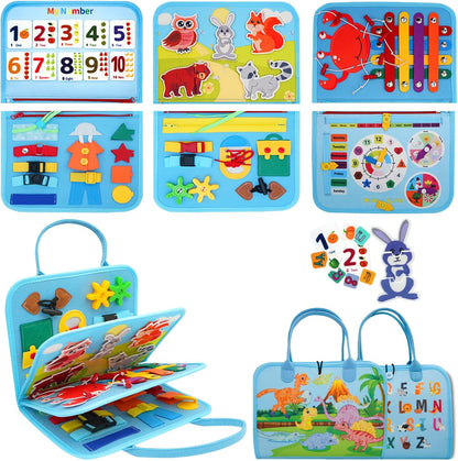 MEGRANATE Montessori Busy Board, Baby Busy Book Educational Learning Toys for Toddlers Quiet Book Activity Books Buckle Toy Fine Motor Skills Toys for 3+ Year Old Kids (Blue)