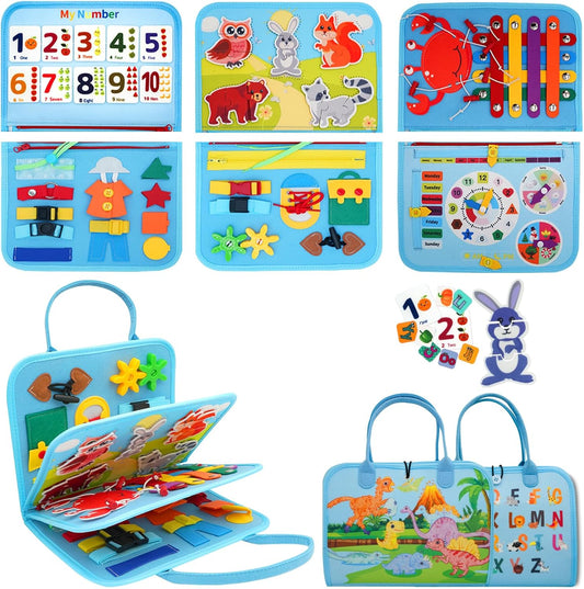 MEGRANATE Montessori Busy Board, Baby Busy Book Educational Learning Toys for Toddlers Quiet Book Activity Books Buckle Toy Fine Motor Skills Toys for 3+ Year Old Kids (Blue)
